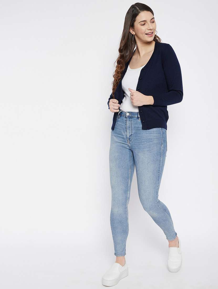 navy blue solid woolen cardigan - 20507157 - Standard Image - 3