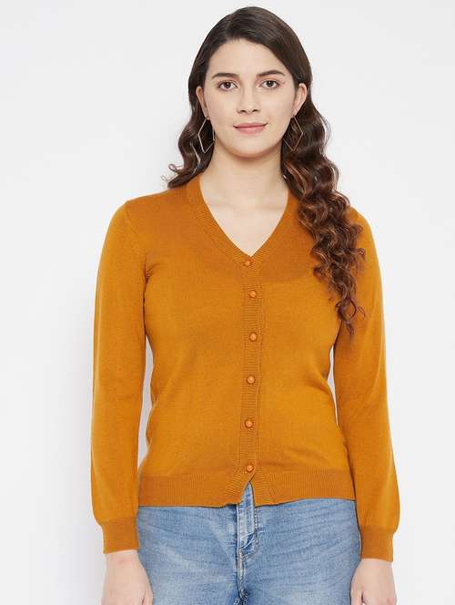 mustard solid woolen cardigan - 20507158 -  Standard Image - 0