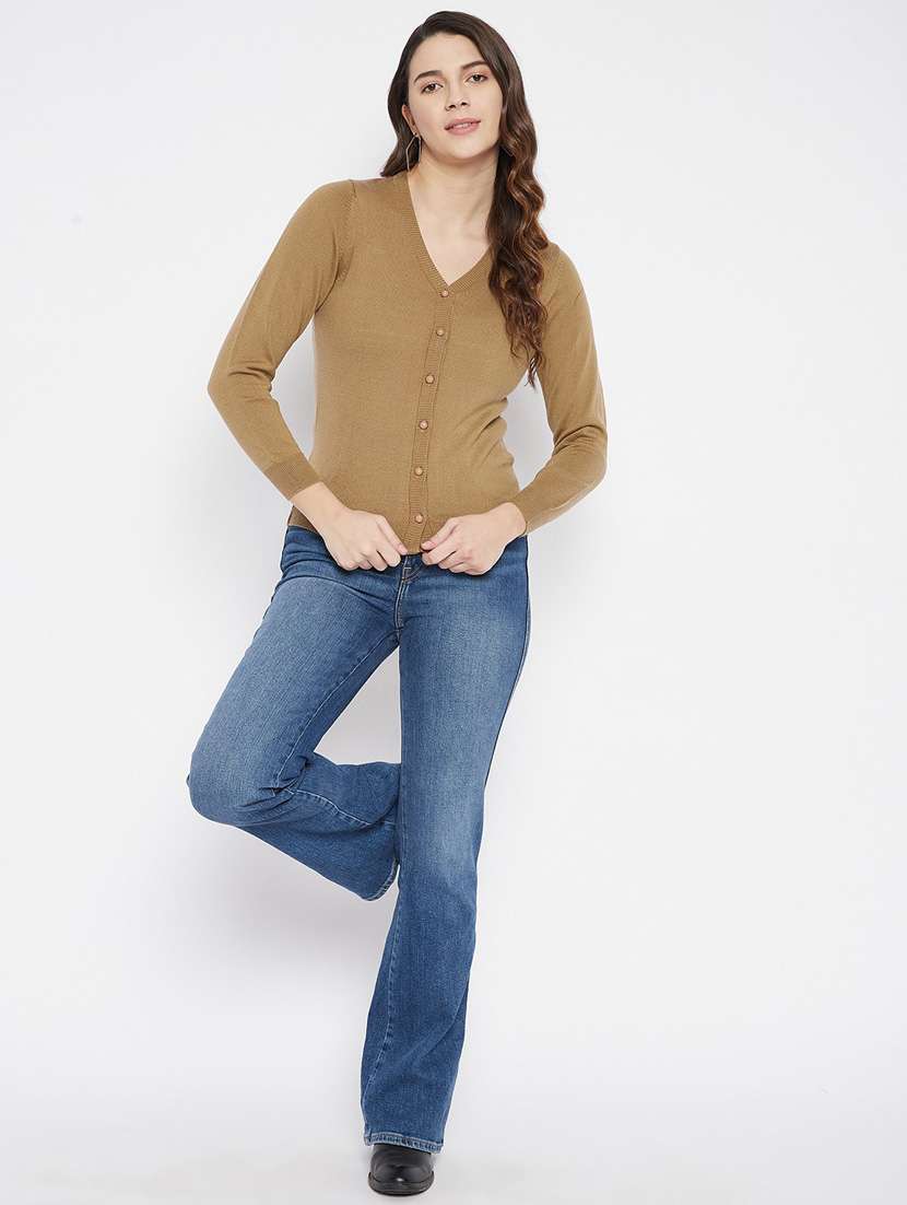 brown solid woolen cardigan - 20507161 - Standard Image - 3
