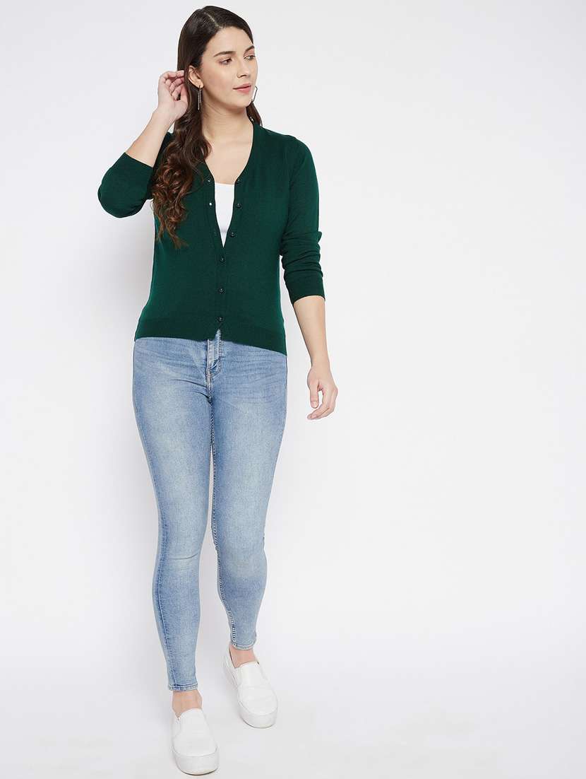 green solid woolen cardigan - 20507162 - Standard Image - 3