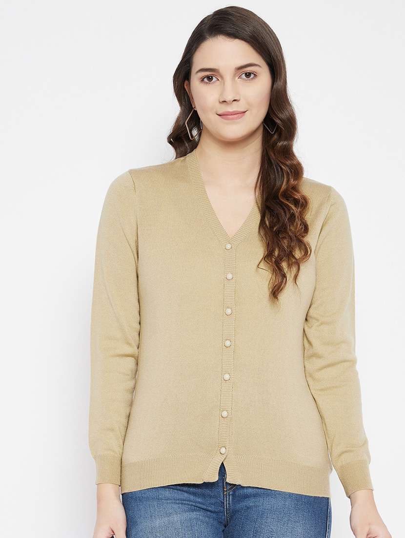 beige solid woolen cardigan