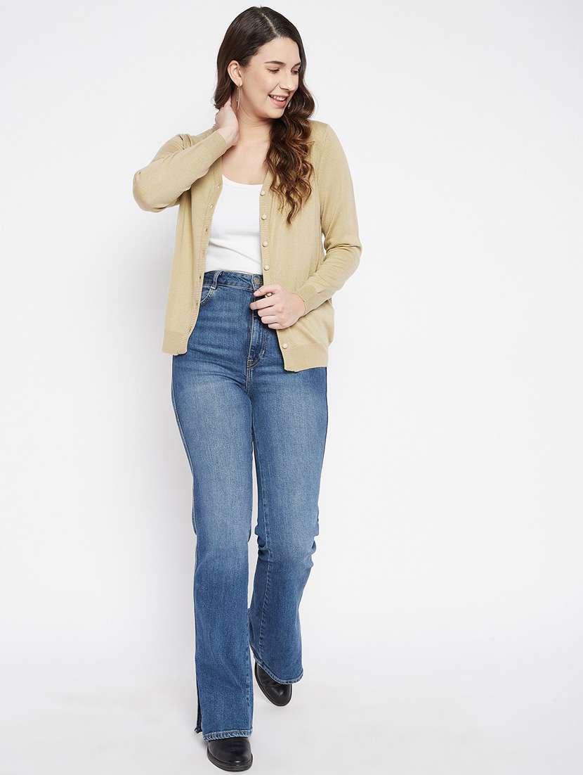 beige solid woolen cardigan - 20507164 -  Standard Image - 3