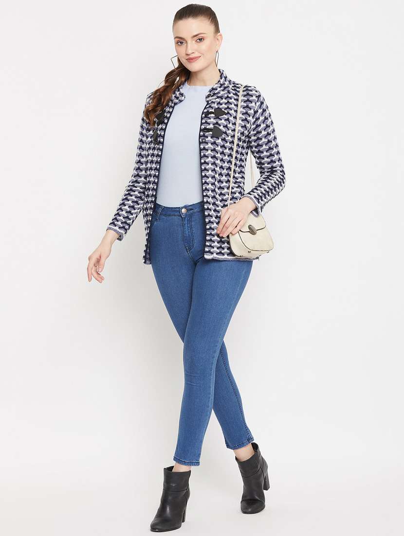 navy blue self designed woolen cardigan - 20507170 - Standard Image - 3
