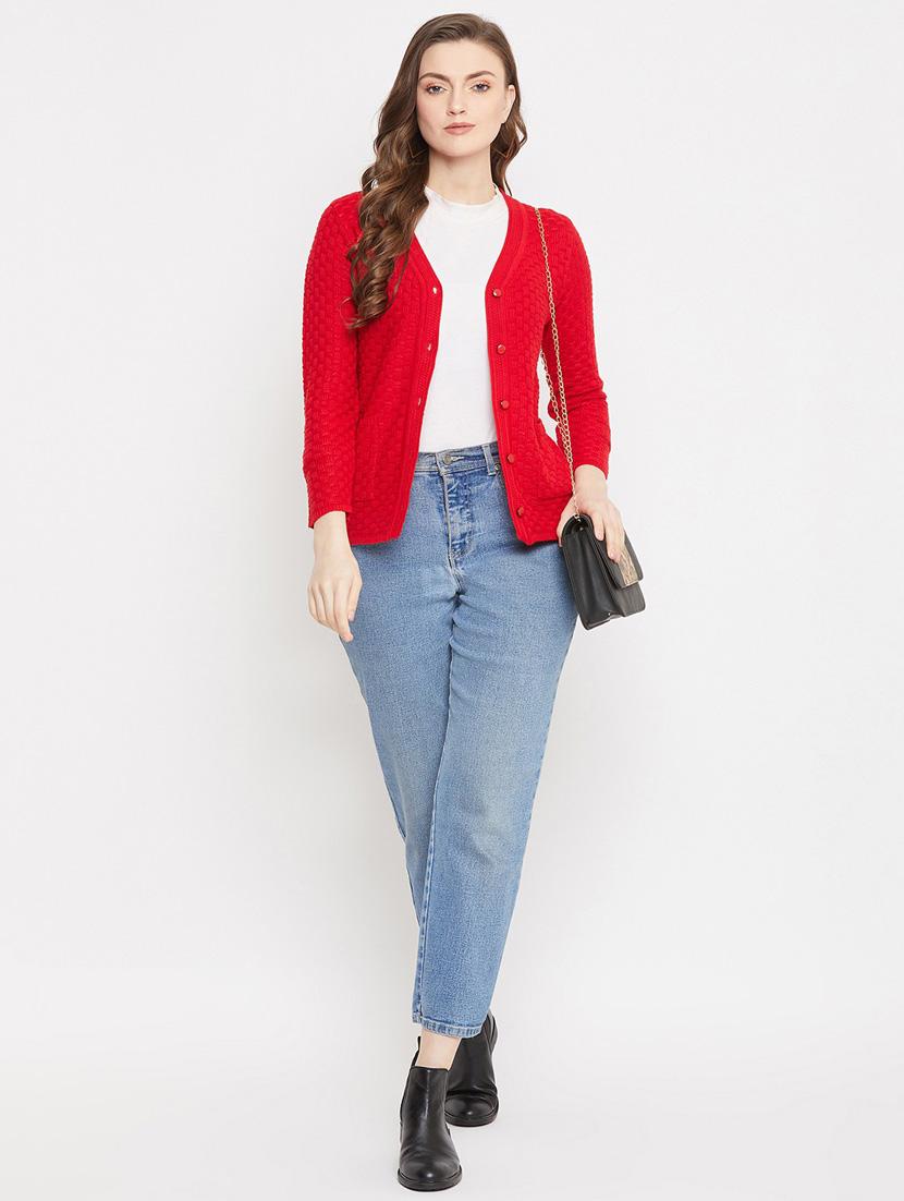 red self designed woolen cardigan - 20507172 - Standard Image - 3