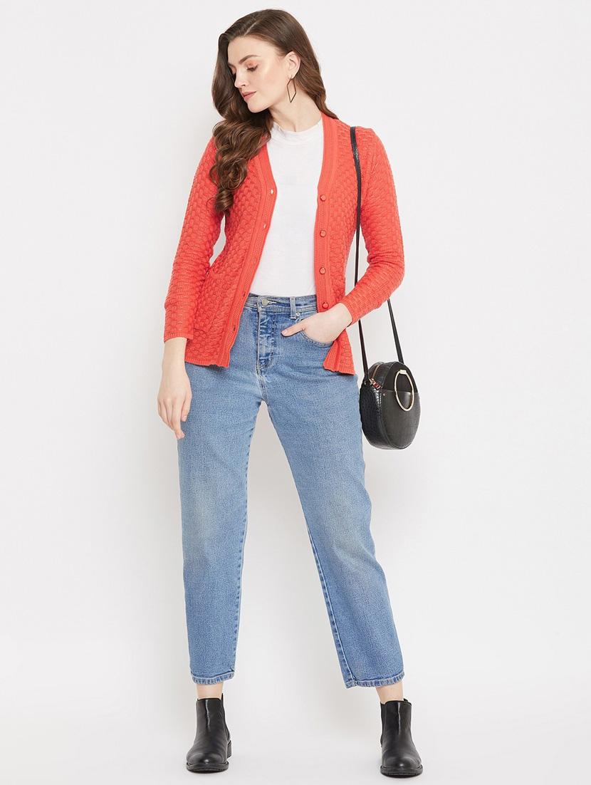 orange self designed woolen cardigan - 20507173 - Standard Image - 3