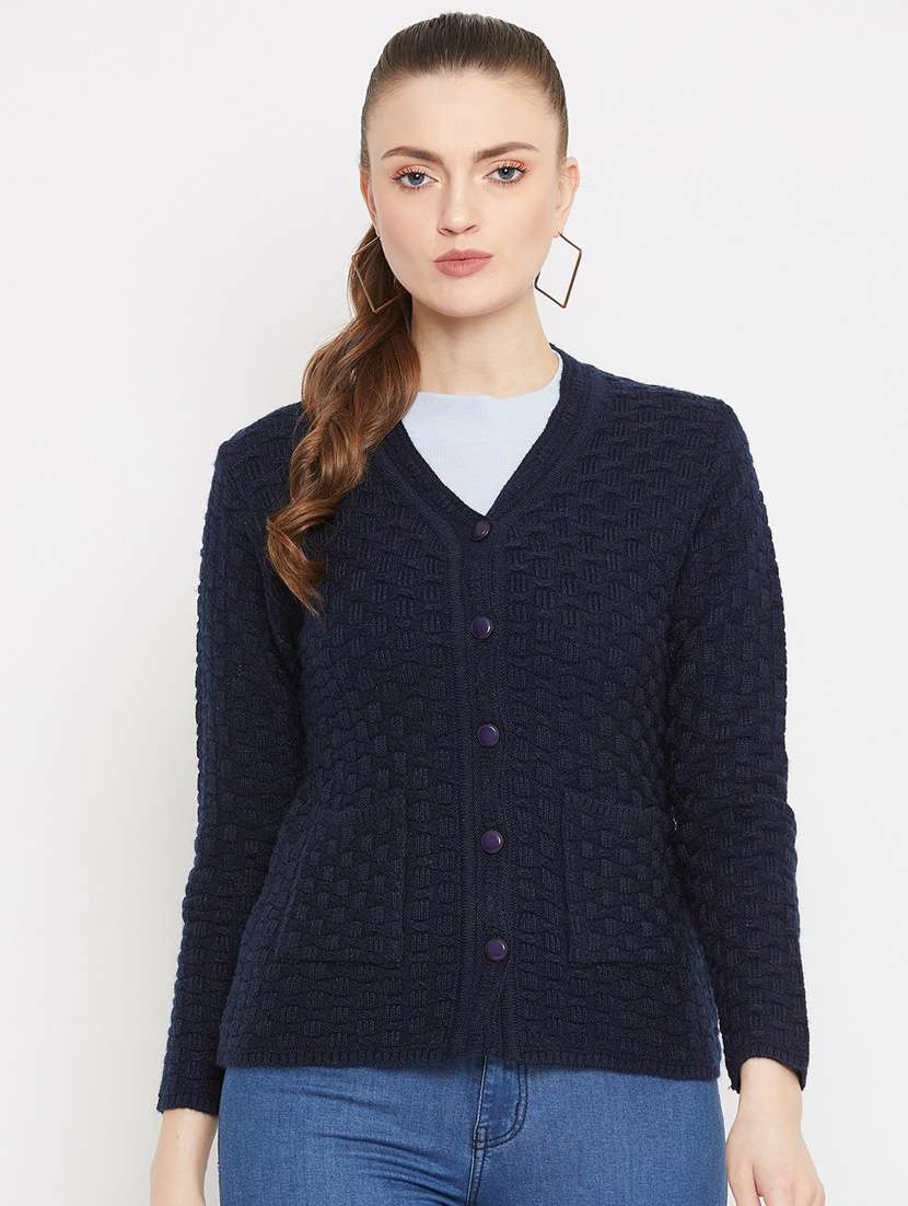 navy blue self designed woolen cardigan - 20507174 -  Zoom Image - 0