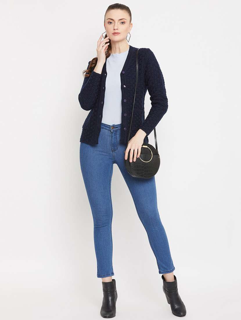 navy blue self designed woolen cardigan - 20507174 -  Standard Image - 3