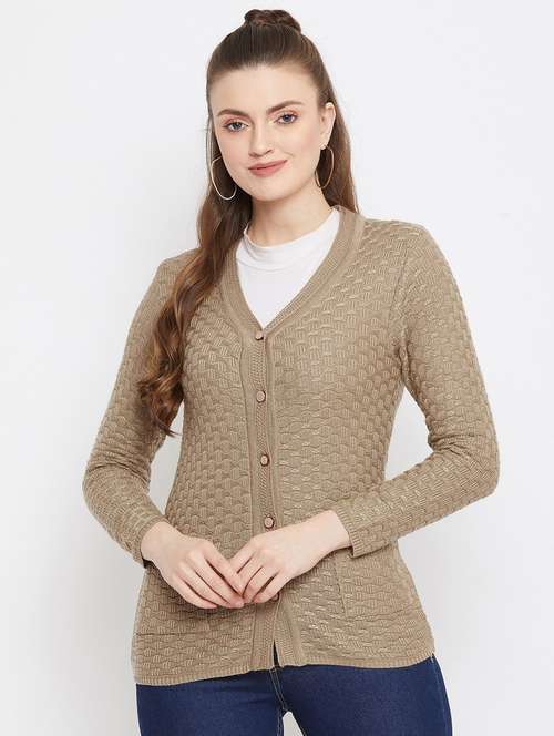 beige self designed woolen cardigan - 20507176 - Standard Image - 0