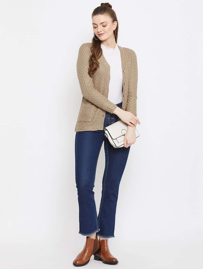 beige self designed woolen cardigan - 20507176 - Standard Image - 3