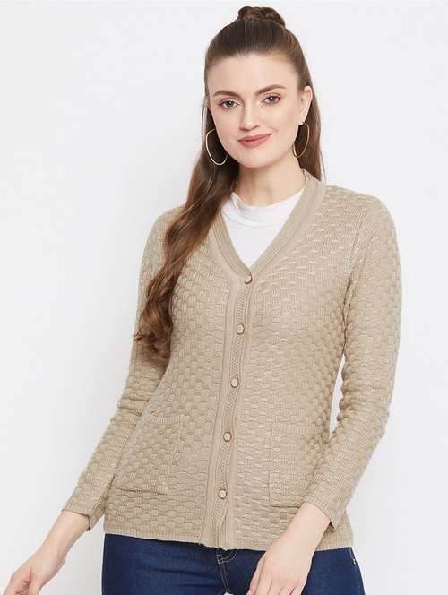 beige self designed woolen cardigan - 20507180 -  Standard Image - 0