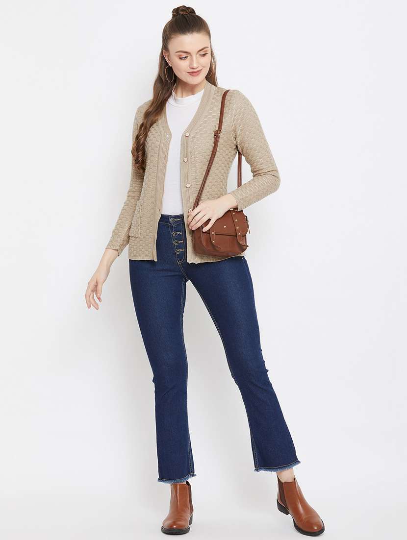 beige self designed woolen cardigan - 20507180 -  Standard Image - 3