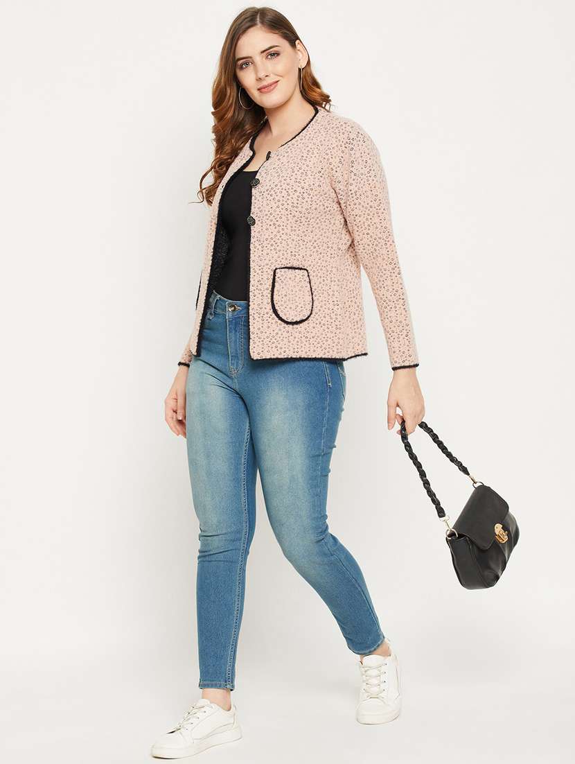 peach self designed woolen cardigan - 20507195 -  Standard Image - 3