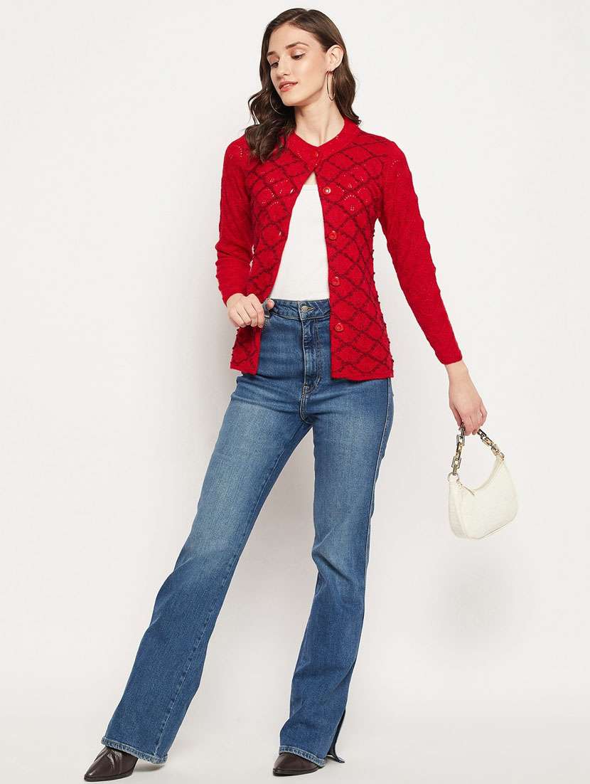 red self designed woolen cardigan - 20507239 -  Standard Image - 3