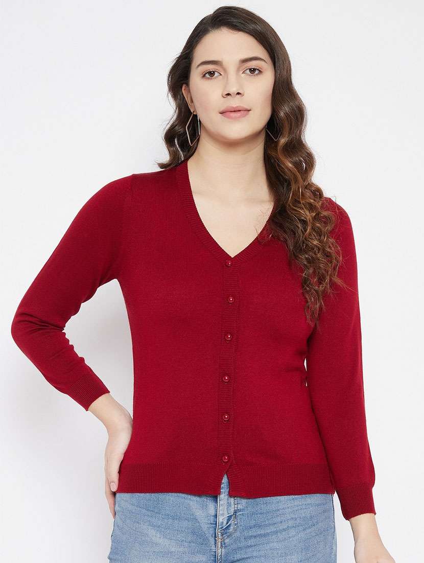 maroon solid woolen cardigan