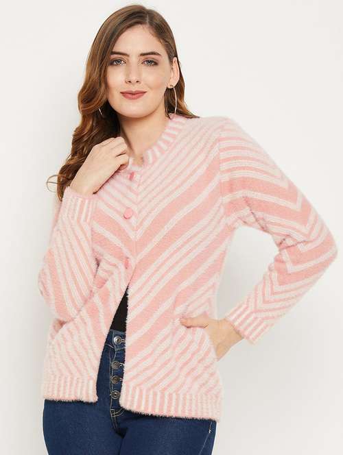 peach self designed woolen cardigan - 20507255 - Standard Image - 0
