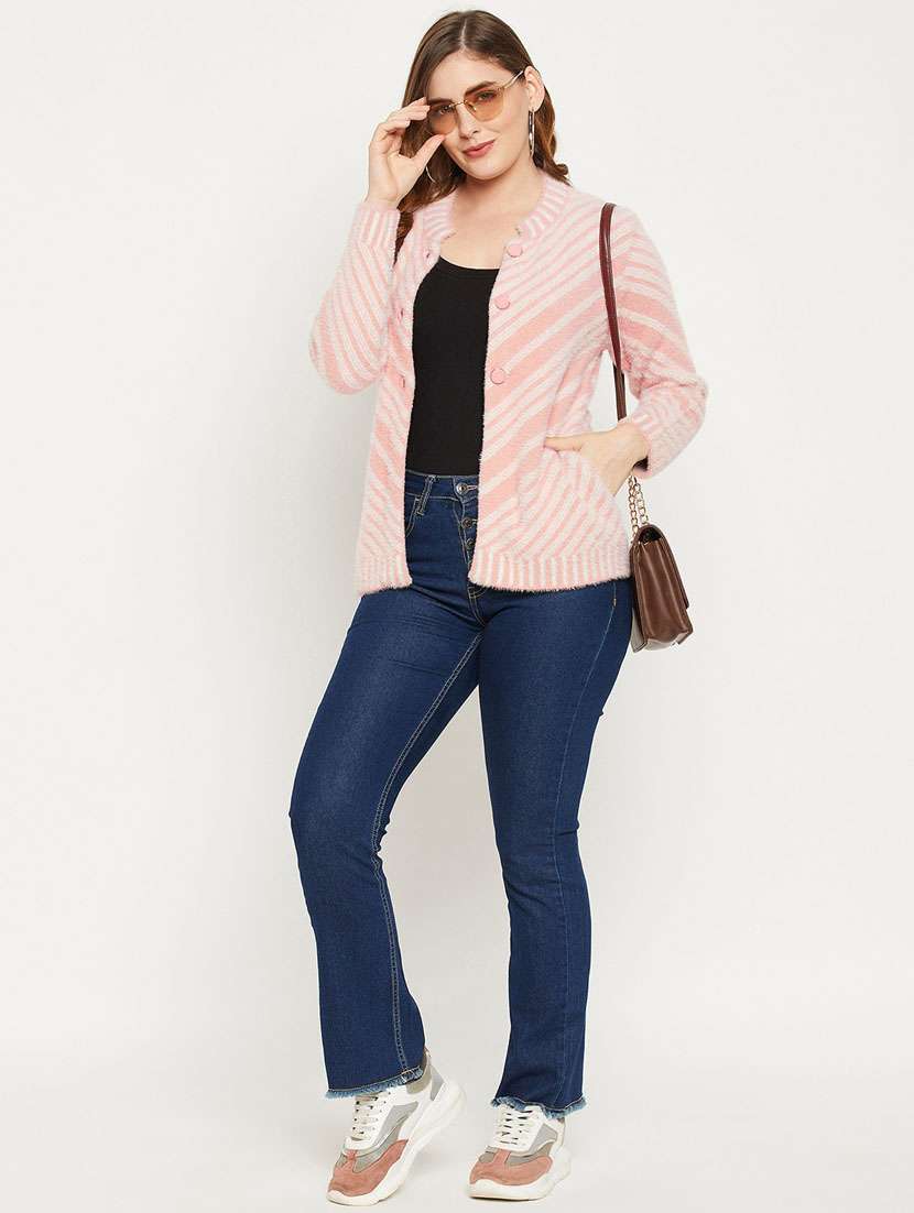 peach self designed woolen cardigan - 20507255 - Standard Image - 3