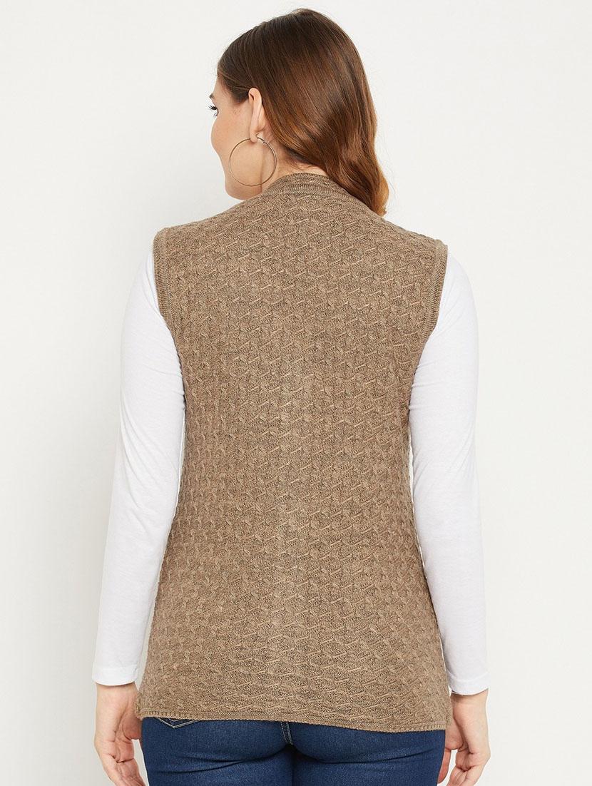 brown self designed woolen cardigan - 20507264 - Standard Image - 3