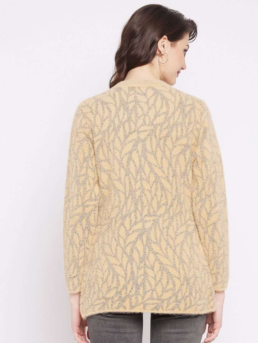 beige self designed woolen cardigan - 20507267 -  Standard Image - 3