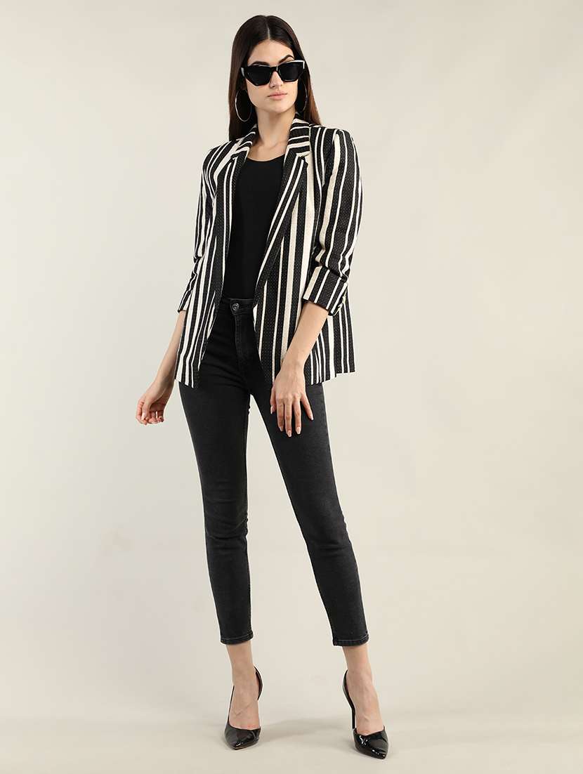 women black stripes lapel neck coat - 20507853 -  Standard Image - 3
