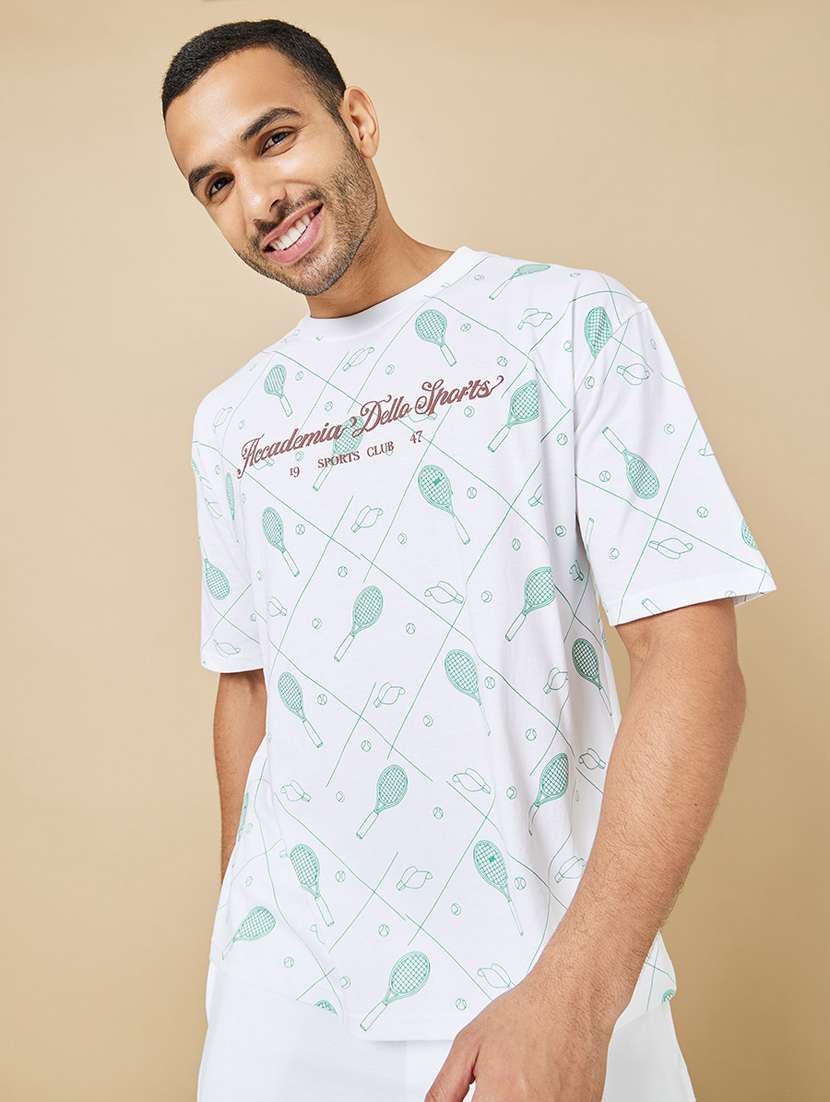 Buy online Men Printed White Cotton Oversized T-shirt from top