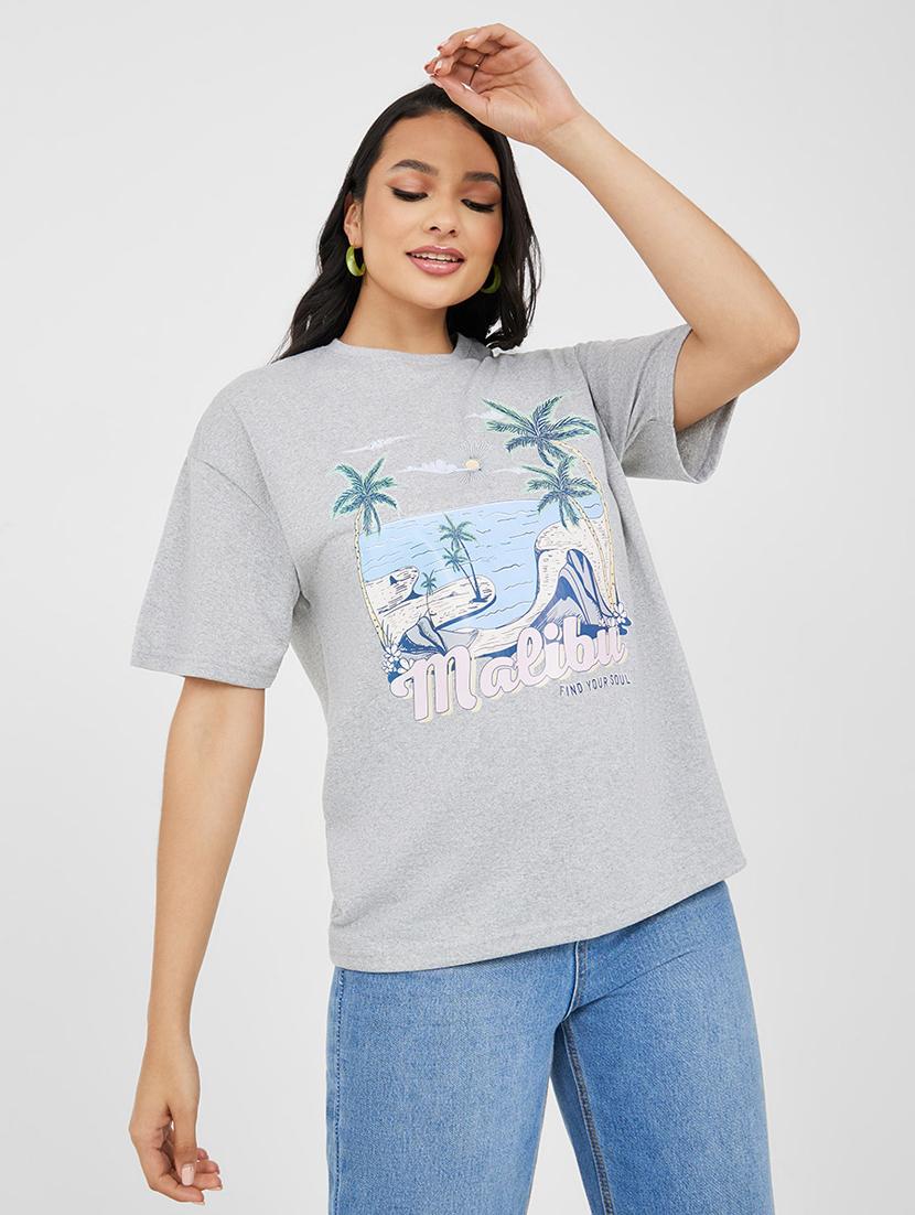 women graphic printed grey melange cotton oversized t-shirt - 20508279 -  Zoom Image - 0