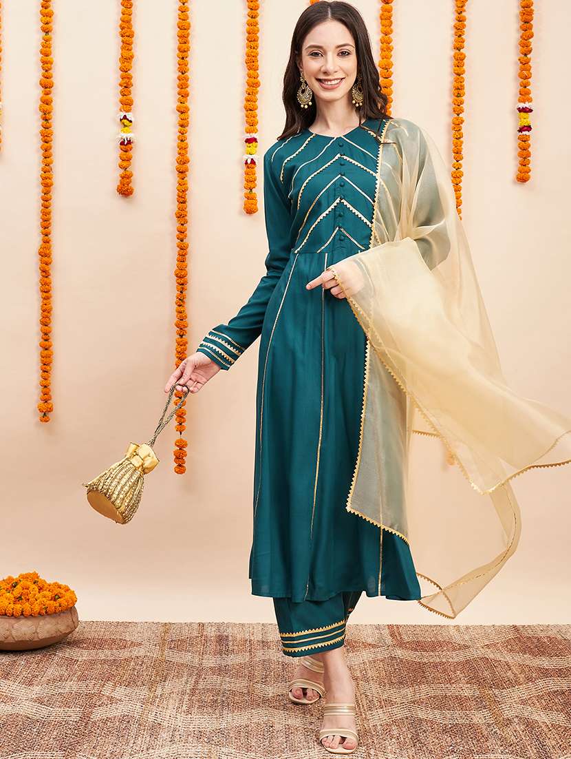 women teal round neck kurta palazzo set with dupatta - 20508711 -  Zoom Image - 0