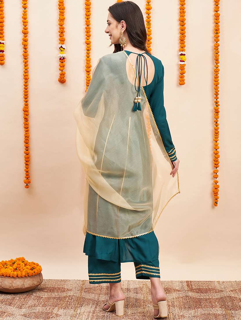 women teal round neck kurta palazzo set with dupatta - 20508711 -  Standard Image - 3