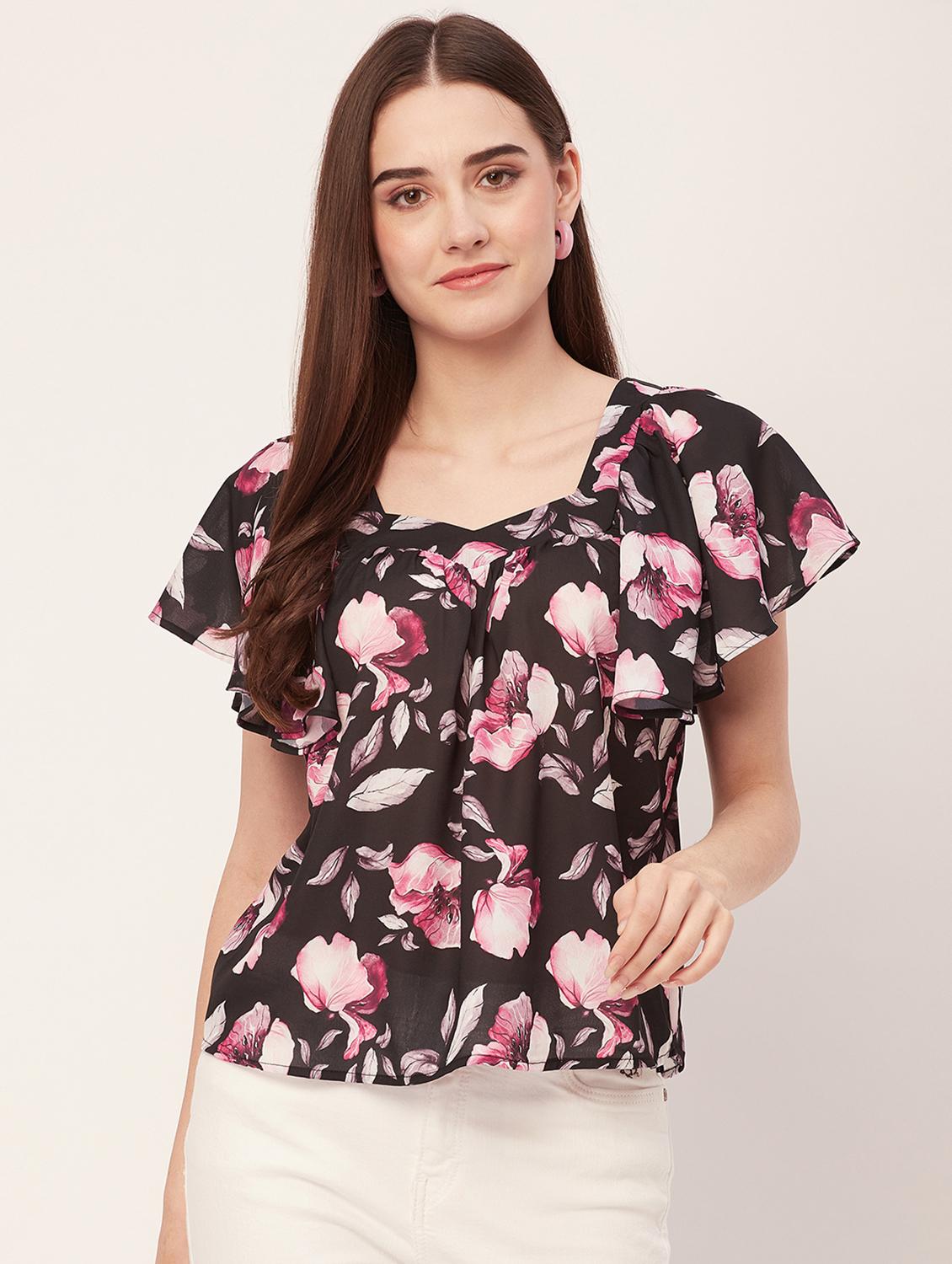 women floral printed flared sleeves regular top