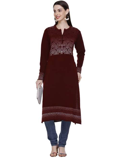 maroon self design woolen kurta - 20509522 - Standard Image - 0