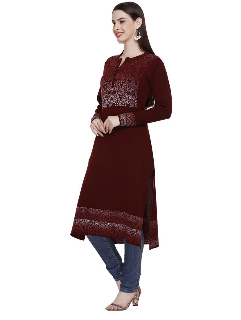 maroon self design woolen kurta - 20509522 - Standard Image - 3