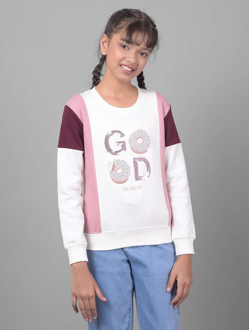 girls white color block round neck sweatshirt