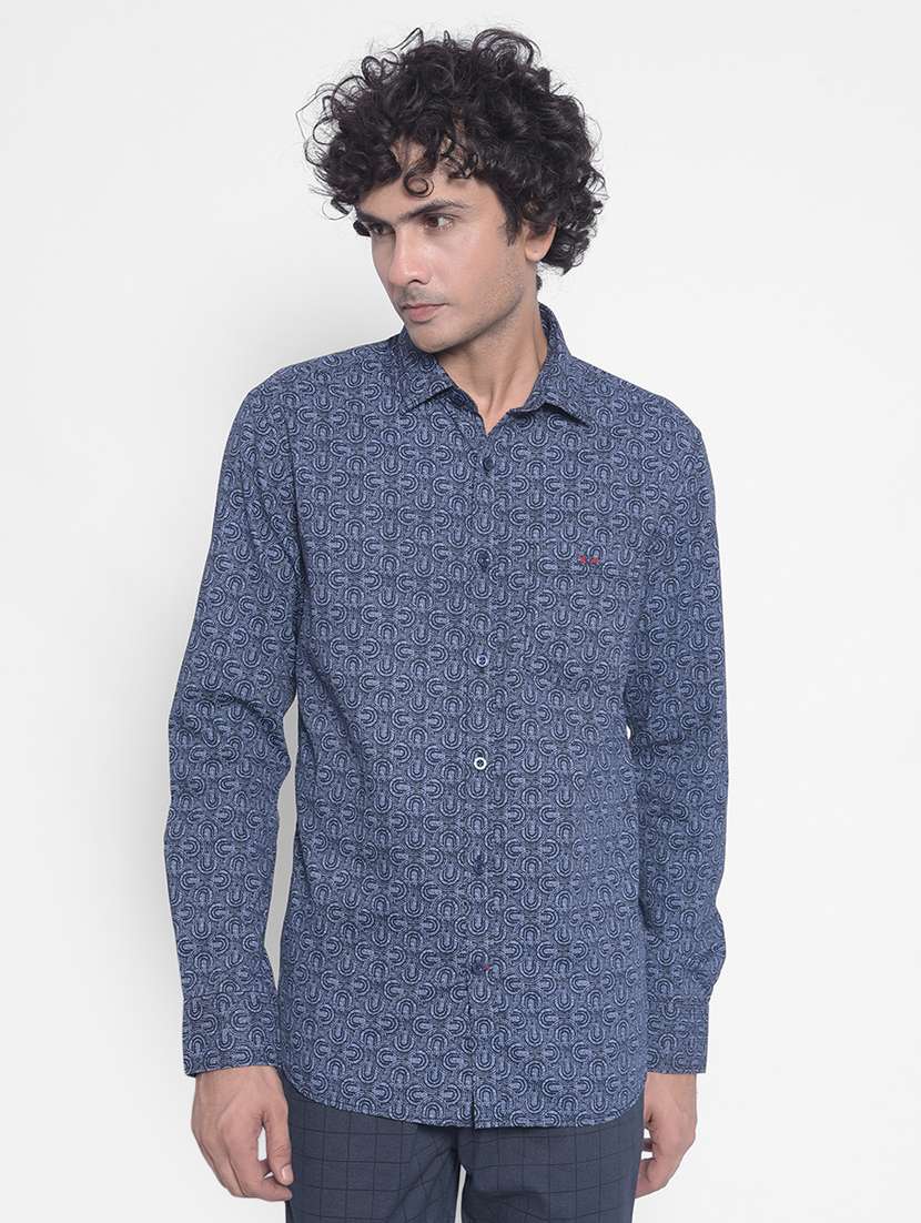men printed navy blue cotton casual shirt