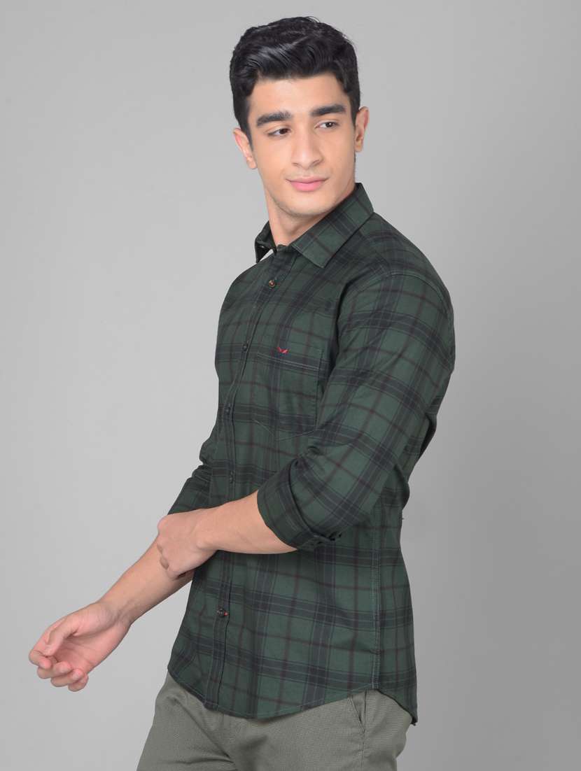 men tartan checkered bottle green cotton slim fit casual shirt - 20509662 -  Zoom Image - 0