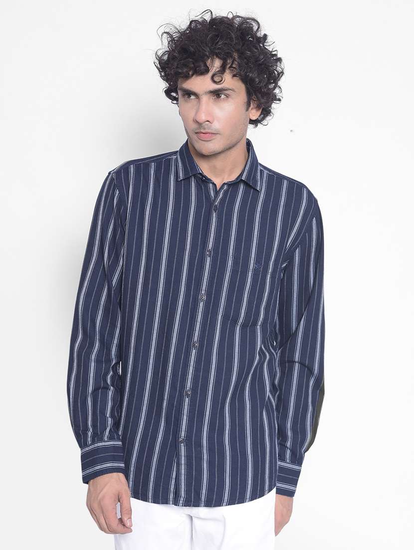 men vertical striped navy blue cotton casual shirt