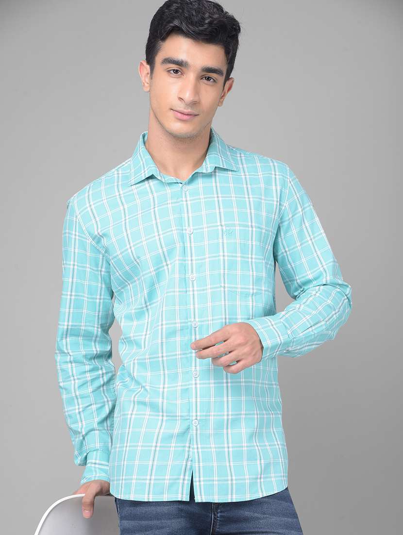 men windowpane checkered turquoise cotton casual shirt
