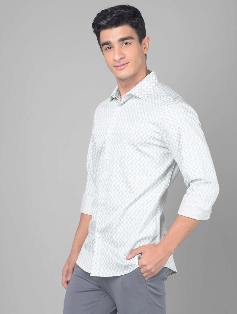 men micro printed off white cotton casual shirt