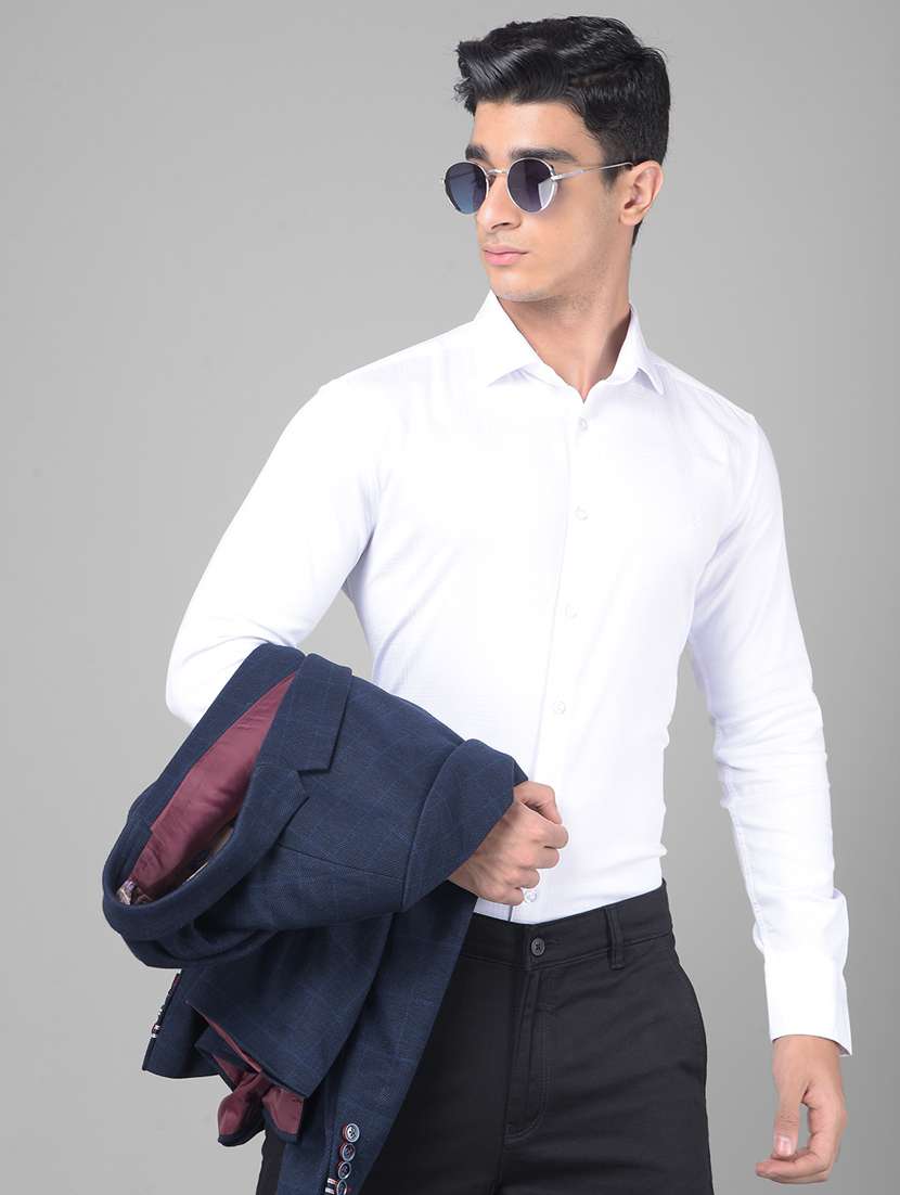 men self designed white cotton blend slim fit casual shirt - 20509681 -  Zoom Image - 0