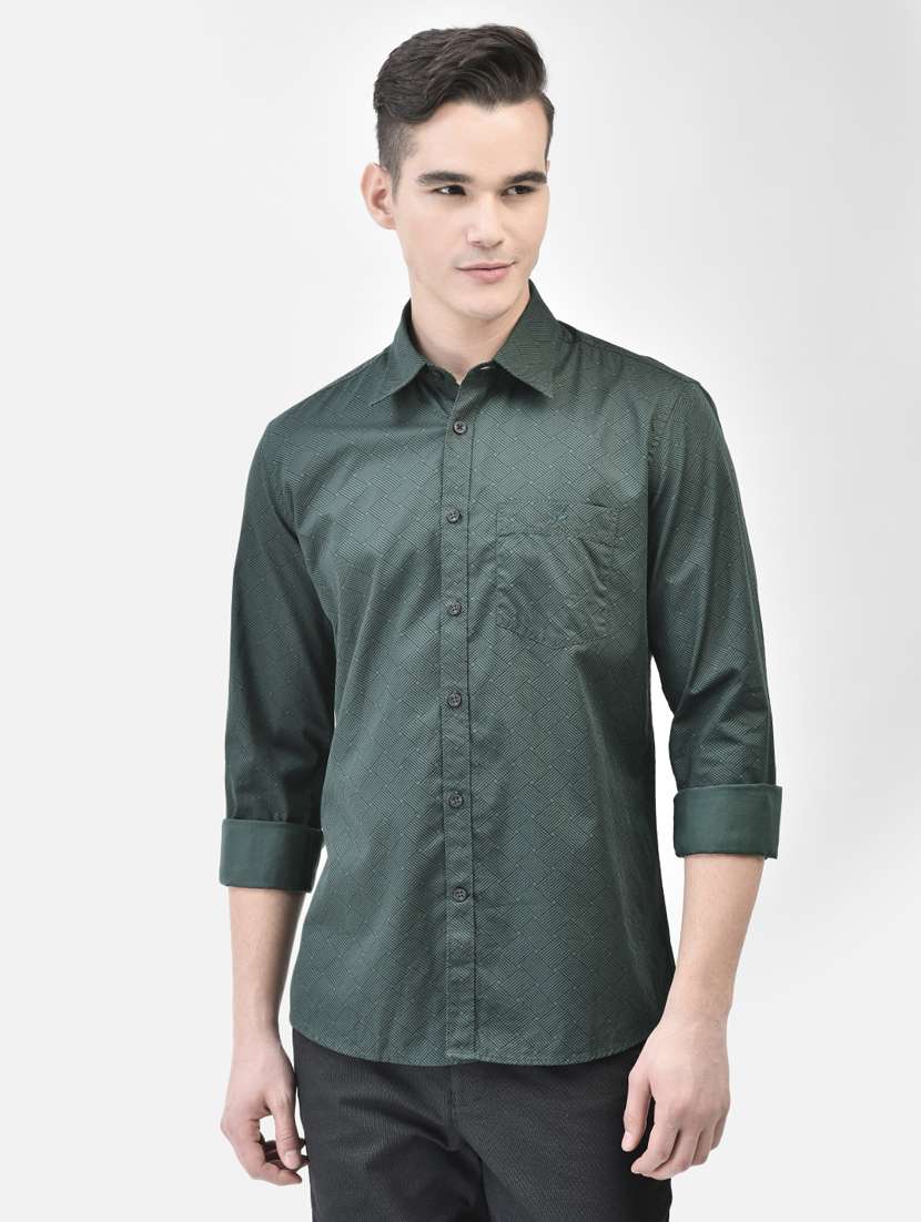 men printed bottle green cotton casual shirt