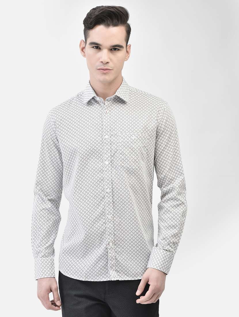 men micro printed off white cotton slim fit casual shirt