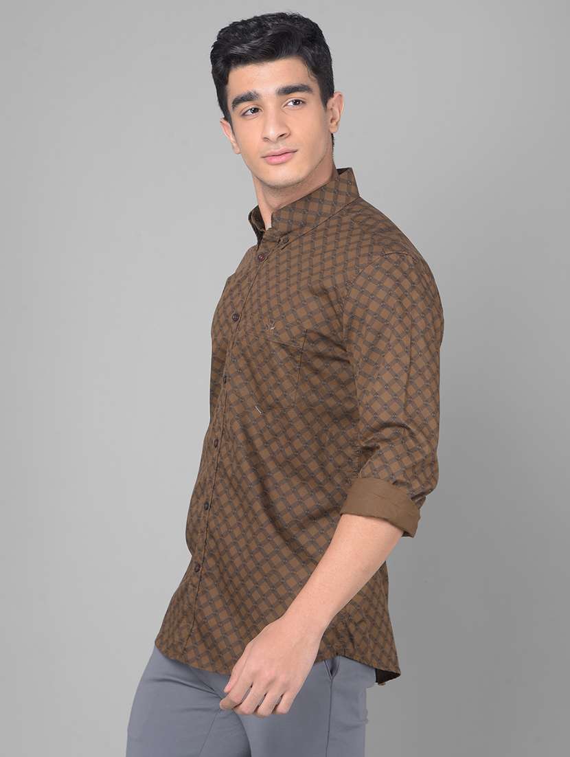 men printed brown cotton casual shirt