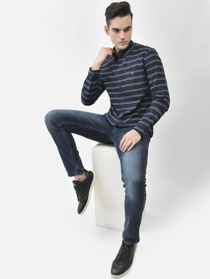 men horizontal striped navy blue cotton casual shirt - 20509696 -  Standard Image - 3
