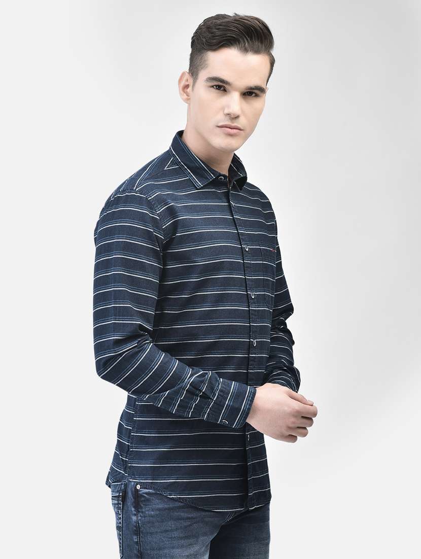 men horizontal striped navy blue cotton slim fit casual shirt - 20509731 - Standard Image - 3