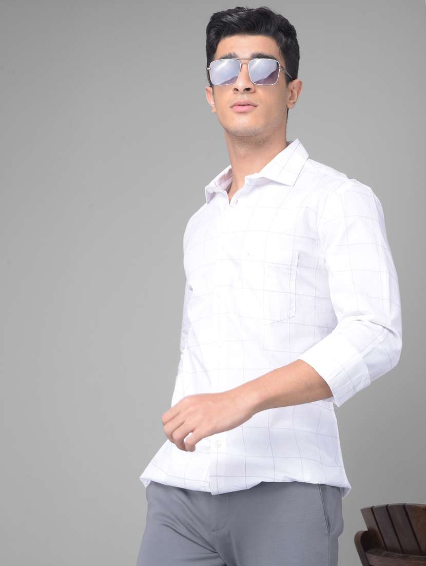 men checkered white cotton slim fit casual shirt