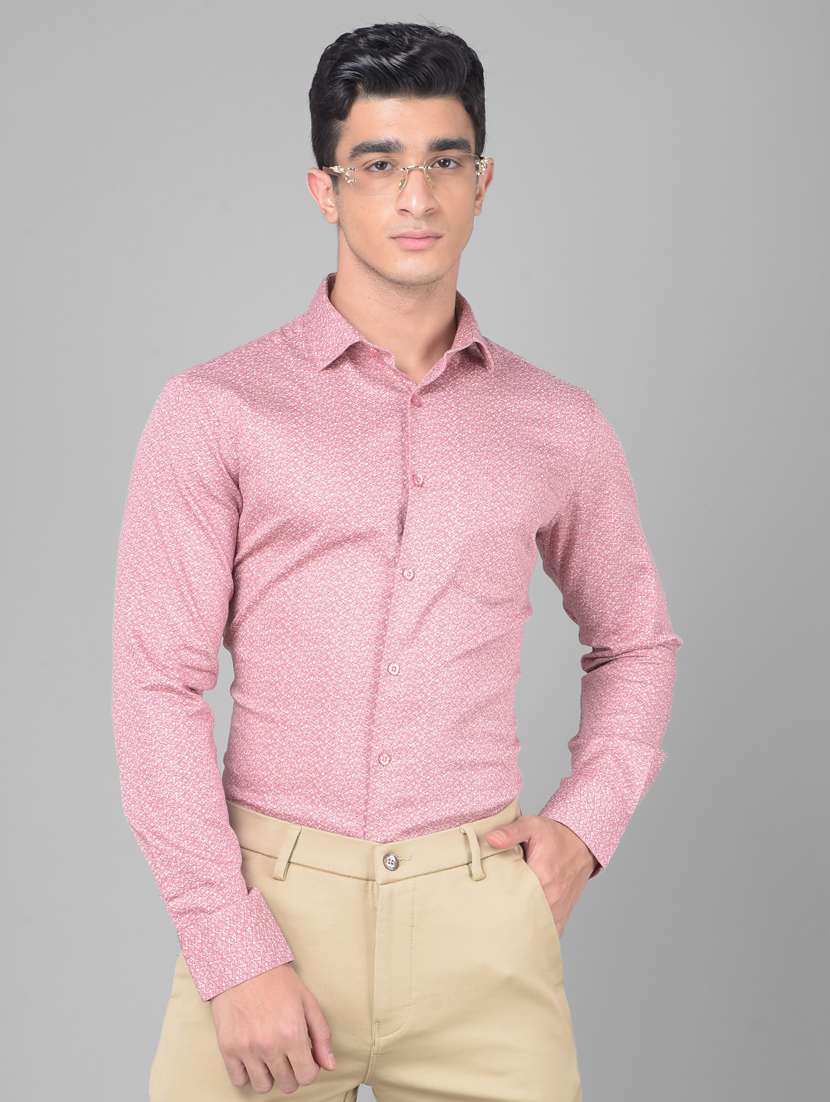 men micro printed pink cotton slim fit casual shirt