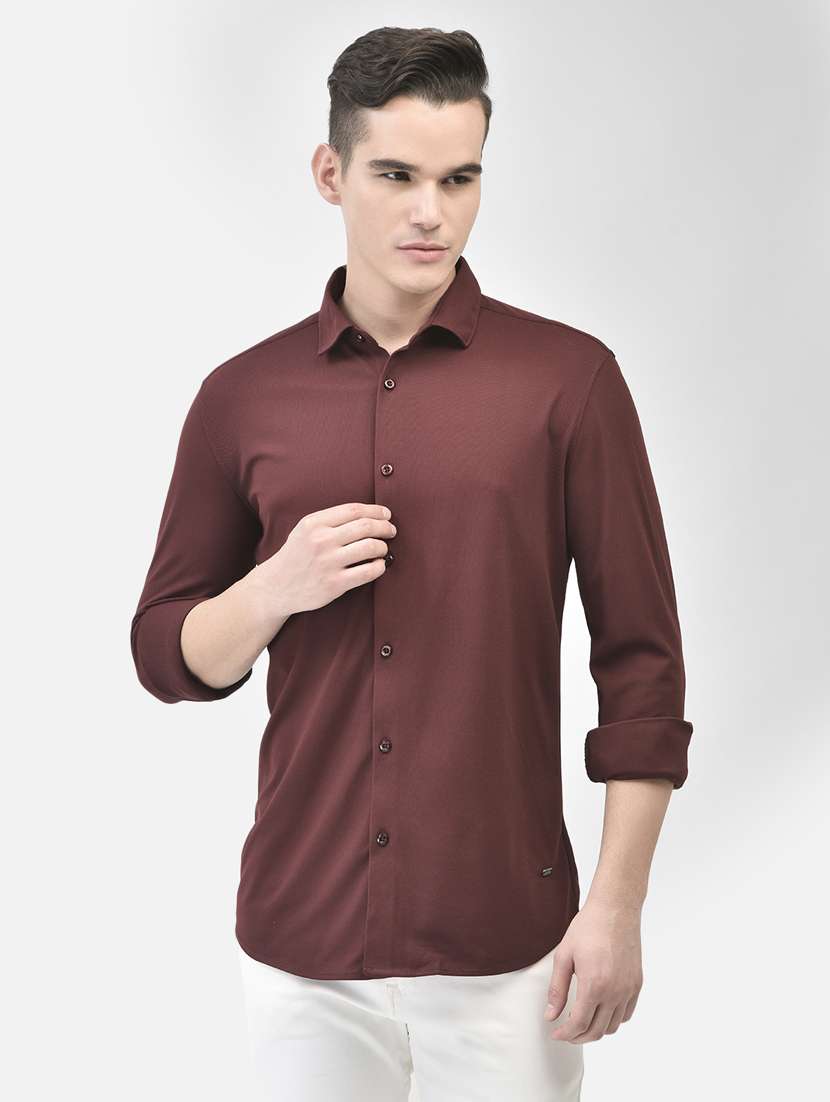 men solid maroon polyester slim fit casual shirt