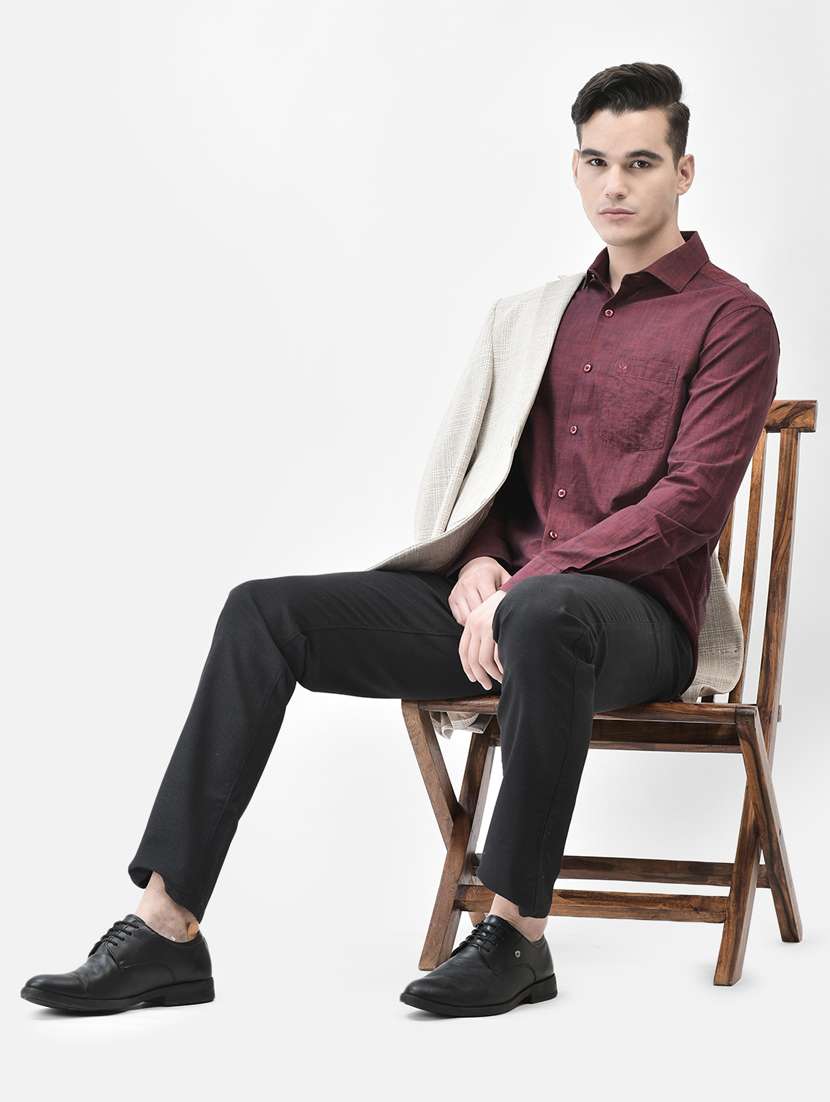 Men Maroon Melange Cotton Slim Fit Casual Shirt - 20509766 -  Standard Image - 5