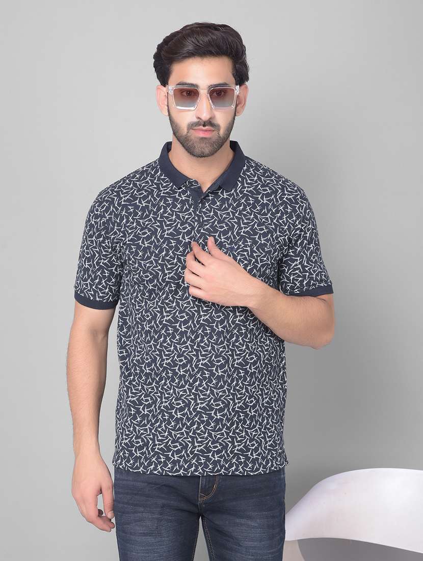 men printed navy blue cotton blend polo t-shirt