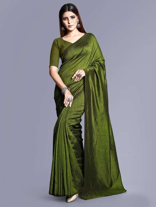 women's solid olive colored saree with blouse - 20509860 -  Standard Image - 0