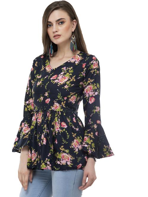 floral print bell sleeves peplum top - 20510349 - Standard Image - 0