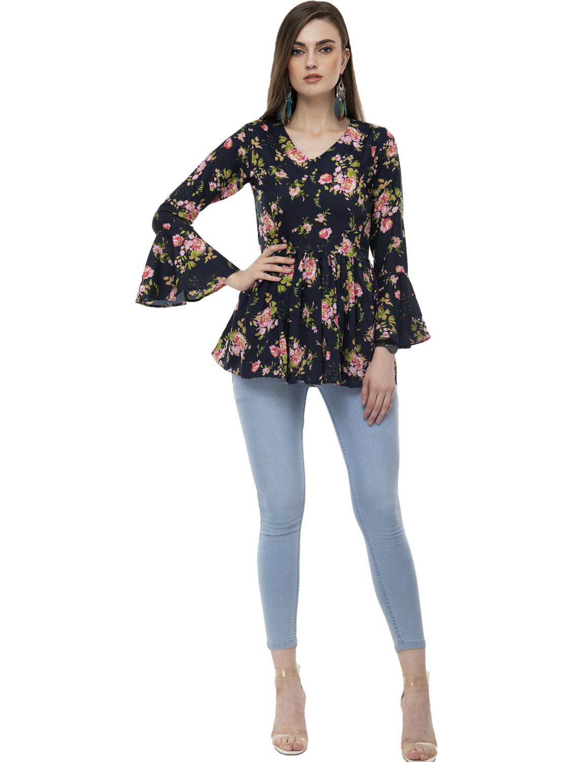 floral print bell sleeves peplum top - 20510349 - Standard Image - 3